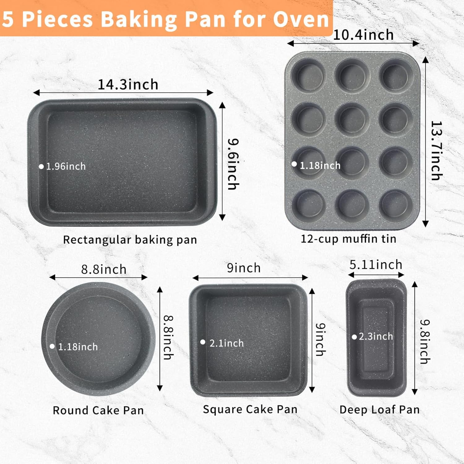 Bakeware Sets with Grey Marble Coating, 5-Piece Baking Set for Oven, Nonstick Premium & Even Heating, Stackable, Carbon Steel, with Round/Square Cake Pan