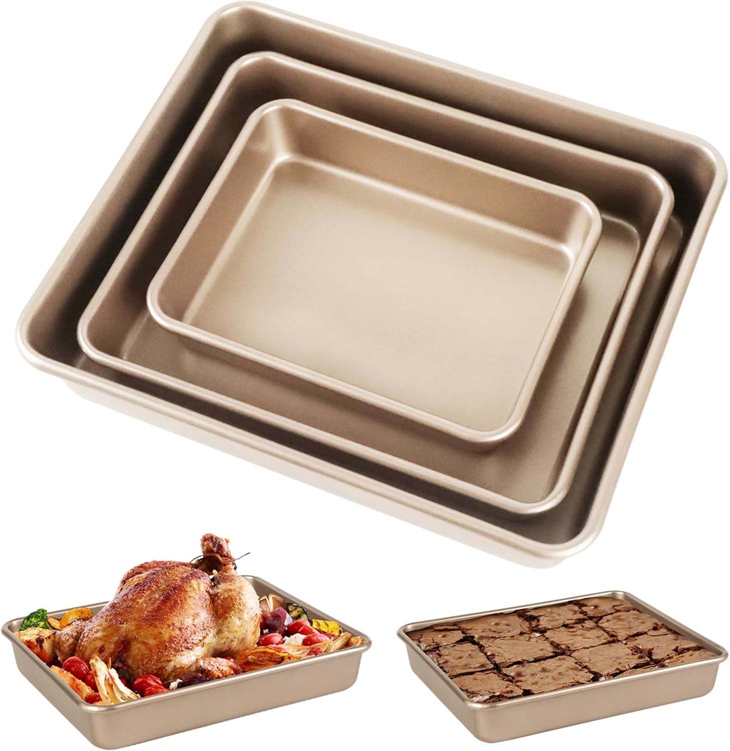 Deep Baking Pans Set, 3-Pieces Rectangle Cake Pan, Nonstick Roasting Pans Set for Thanksgiving Christmas, 9/11/13 Inch, Toaster Oven Tray Bakeware Set