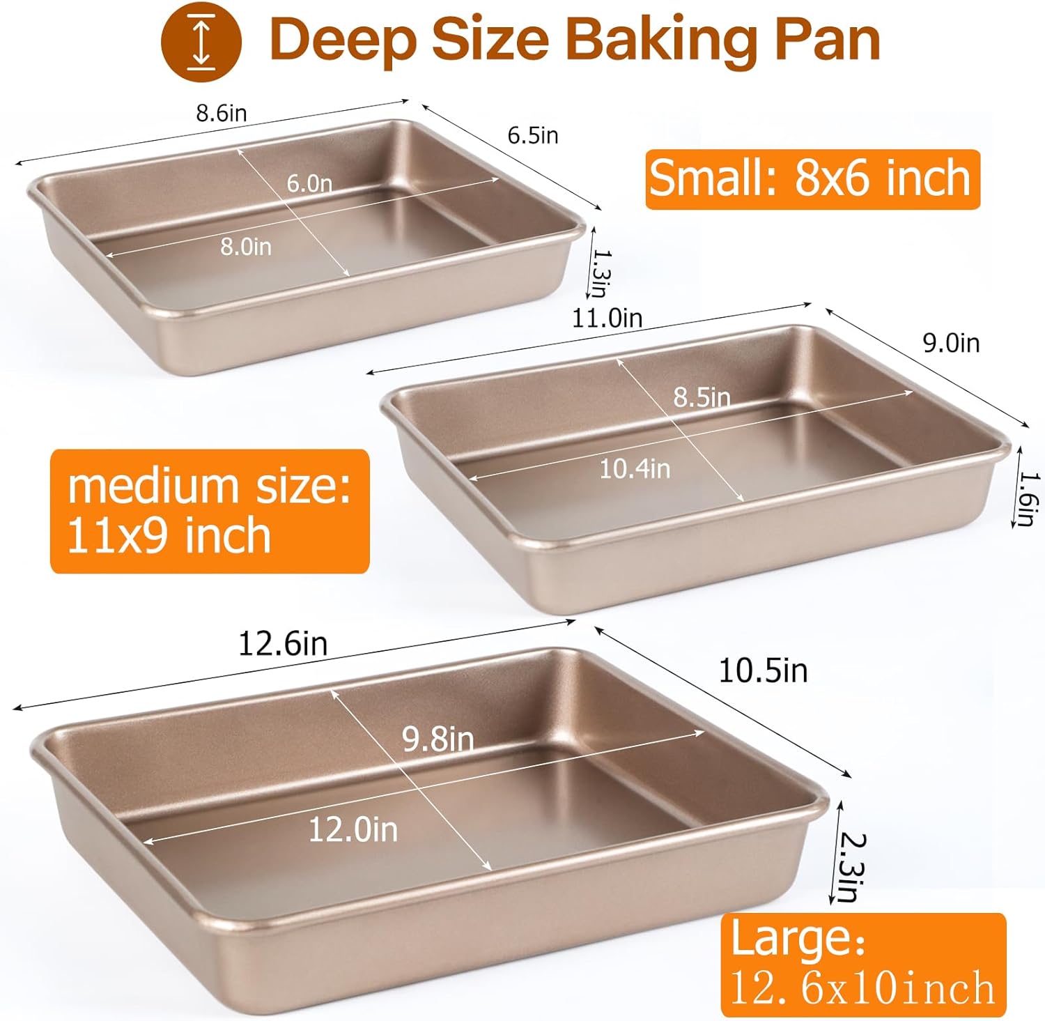 Deep Baking Pans Set, 3-Pieces Rectangle Cake Pan, Nonstick Roasting Pans Set for Thanksgiving Christmas, 9/11/13 Inch, Toaster Oven Tray Bakeware Set