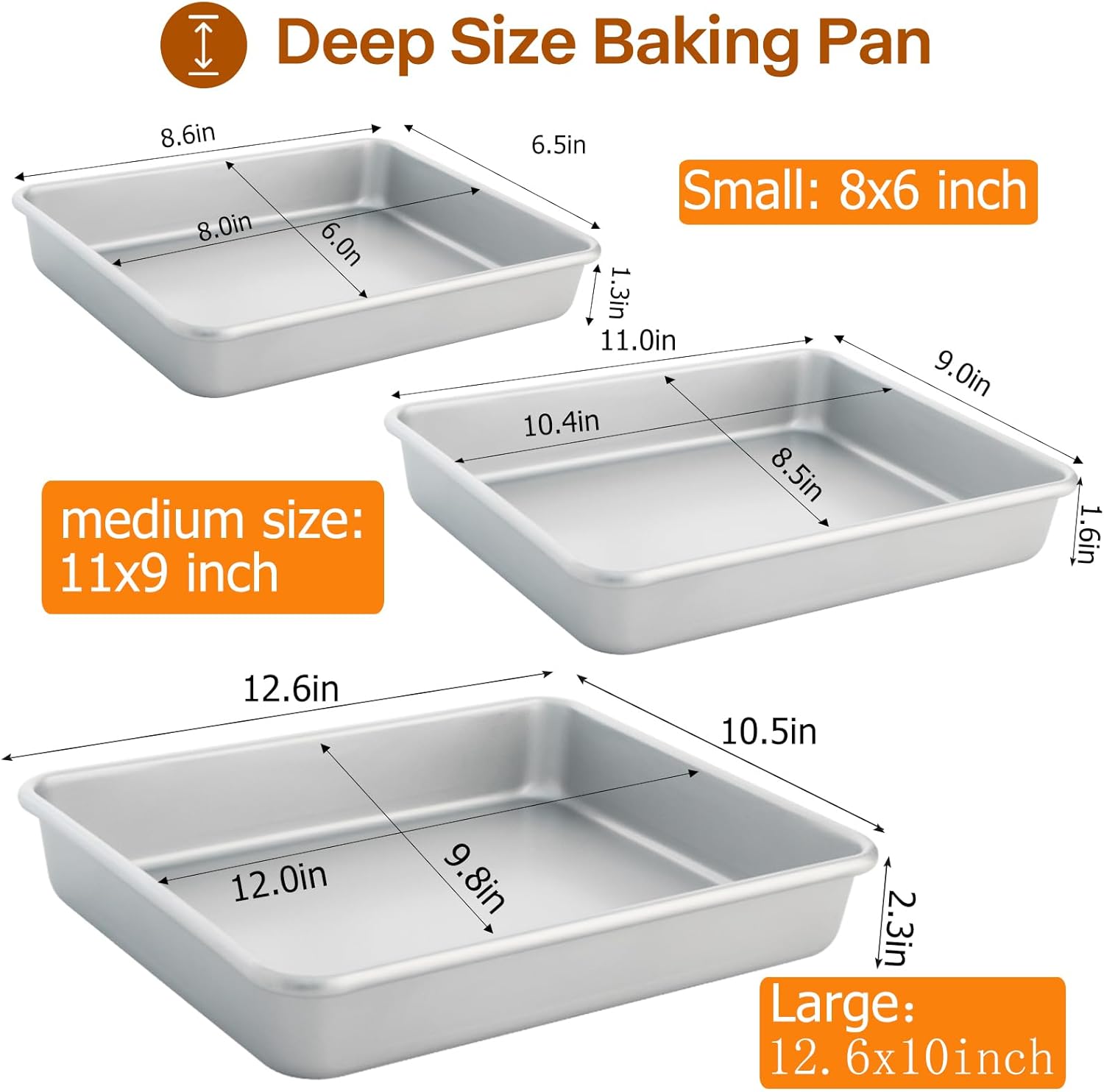 Deep Baking Pans Set of 3, Rectangle Cake Pan Nonstick, Heavy Duty Thick Bakeware Lasagna Pan for Toaster Oven, 9/11/13 Inch Tray for Brownie, Siliver