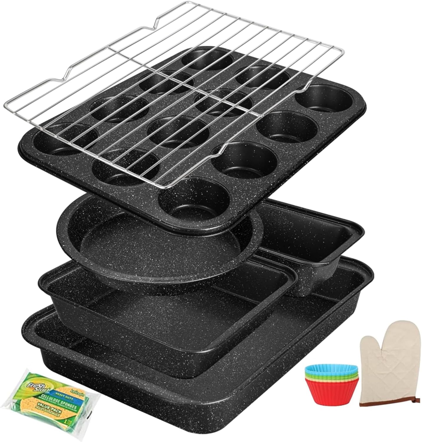 Baking Pans Set 6-Pieces, Non Stick Bakeware Set Stackable, with Cookie Sheet, Muffin, Round/Square Cake Pan