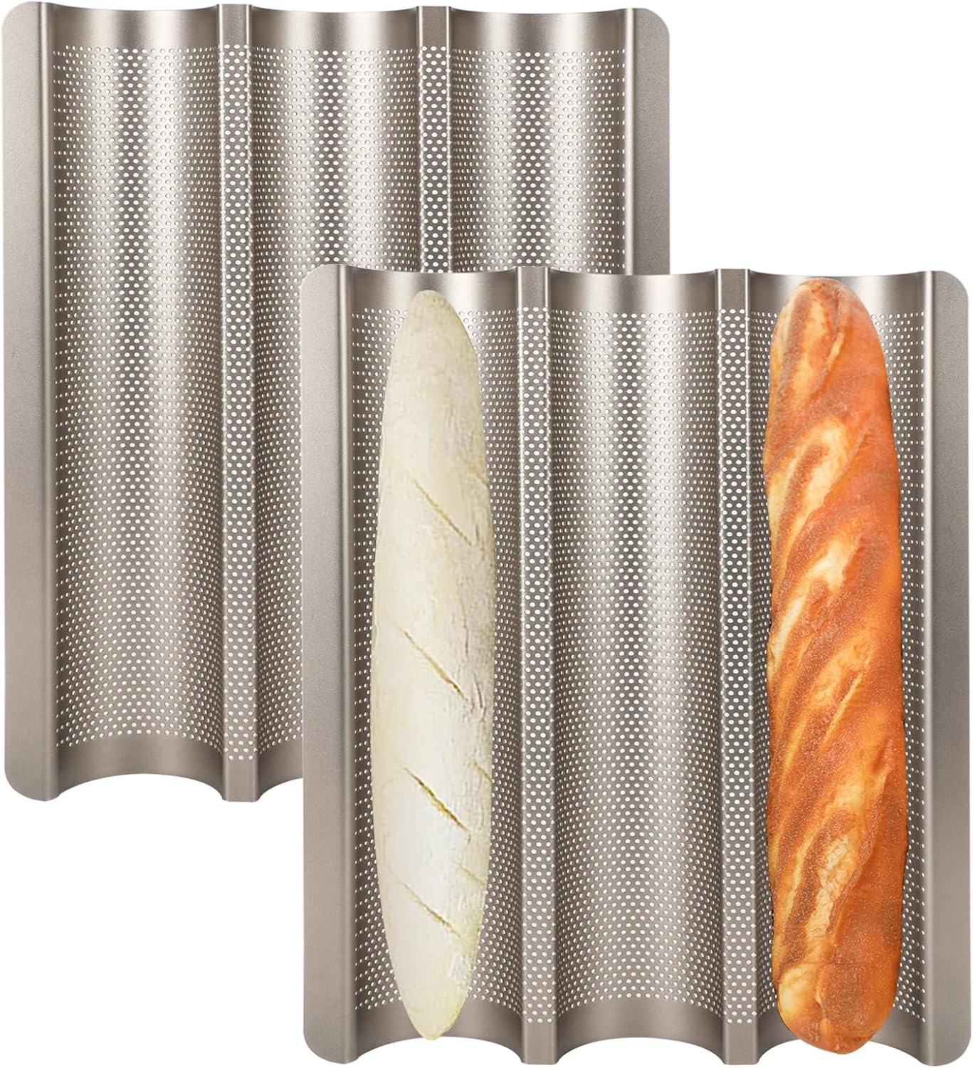 Perforated French Bread Pans 15x11 Inch Nonstick, 3 Waves Loaf Tin for Homemade Sourdough Baguettes Baking, Oven Safe, 2 Pack