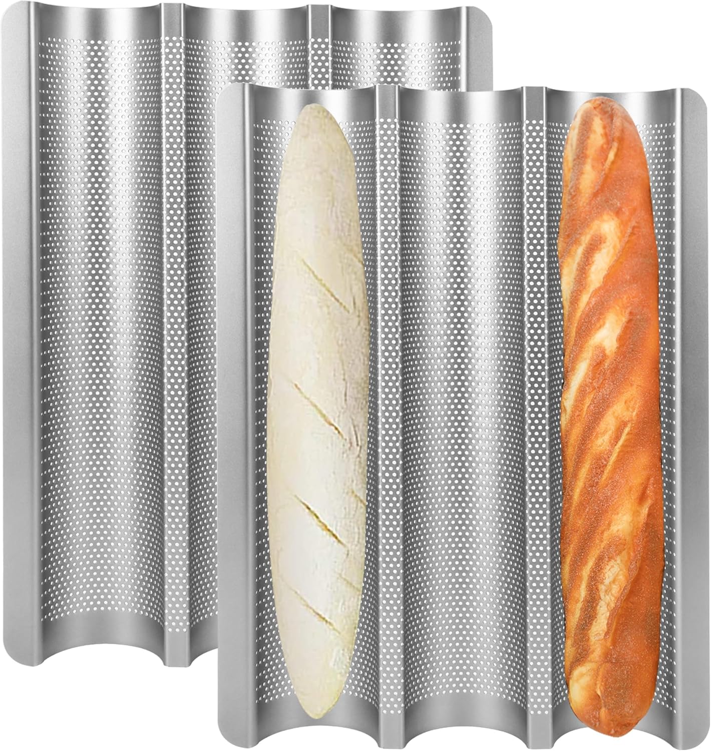 Baguette Bread Pan Set of 2, Silver Baguette Tray Perforated, Nonstick French Bread Baking Pan 3 Loaves, Oven Baking Gifts for Home Baker