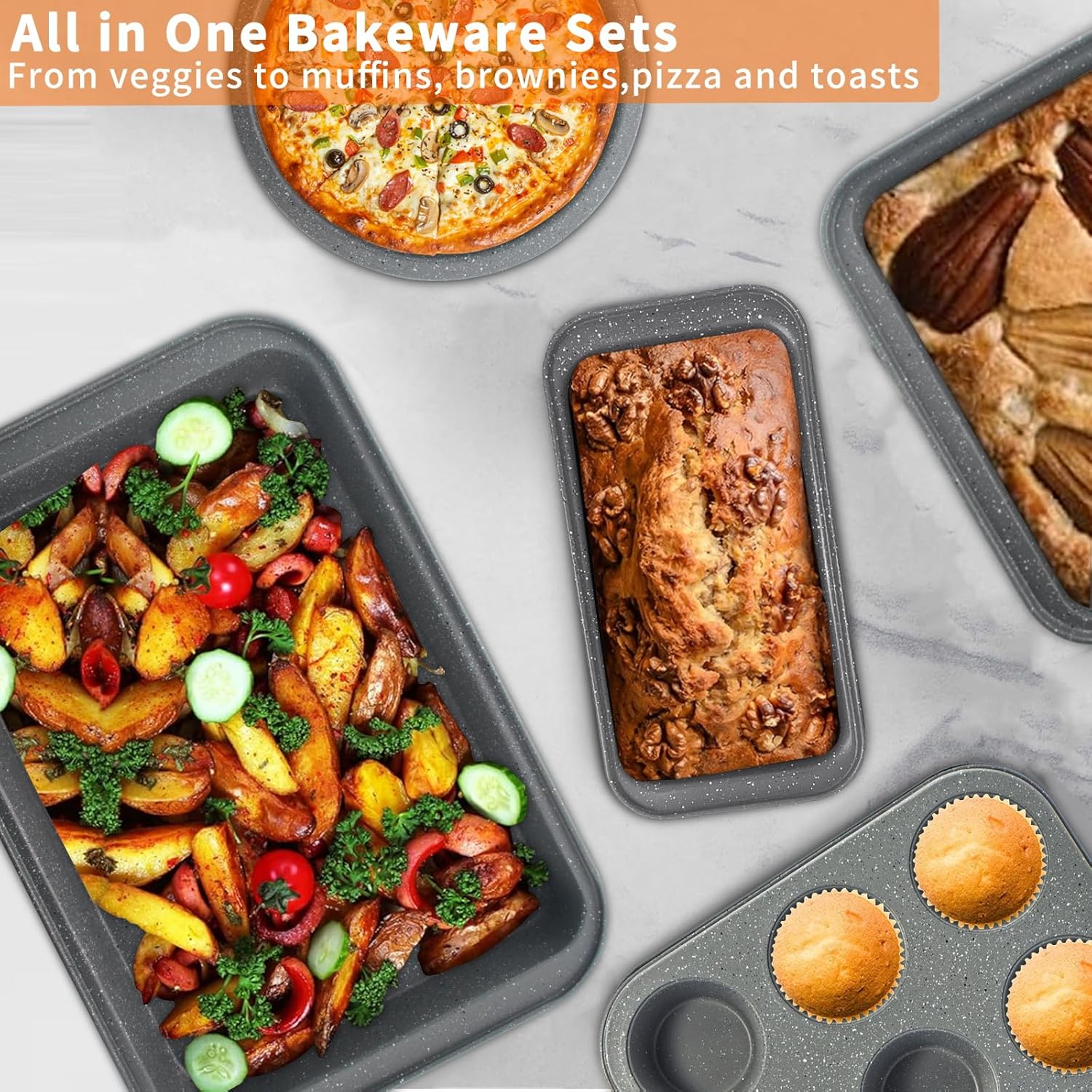 Bakeware Sets with Grey Marble Coating, 5-Piece Baking Set for Oven, Nonstick Premium & Even Heating, Stackable, Carbon Steel, with Round/Square Cake Pan