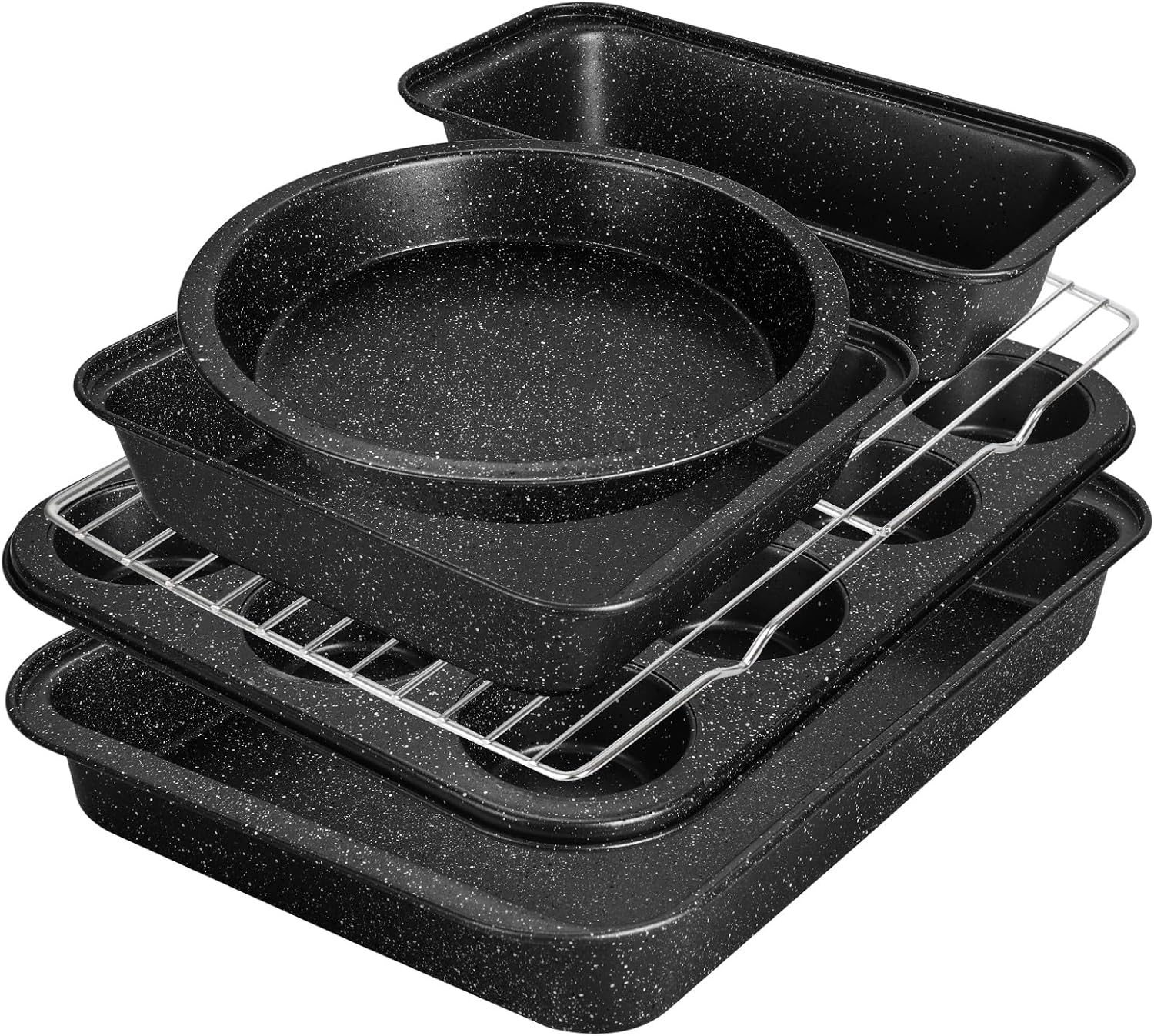 Baking Pans Set 6-Pieces, Non Stick Bakeware Set Stackable, with Cookie Sheet, Muffin, Round/Square Cake Pan