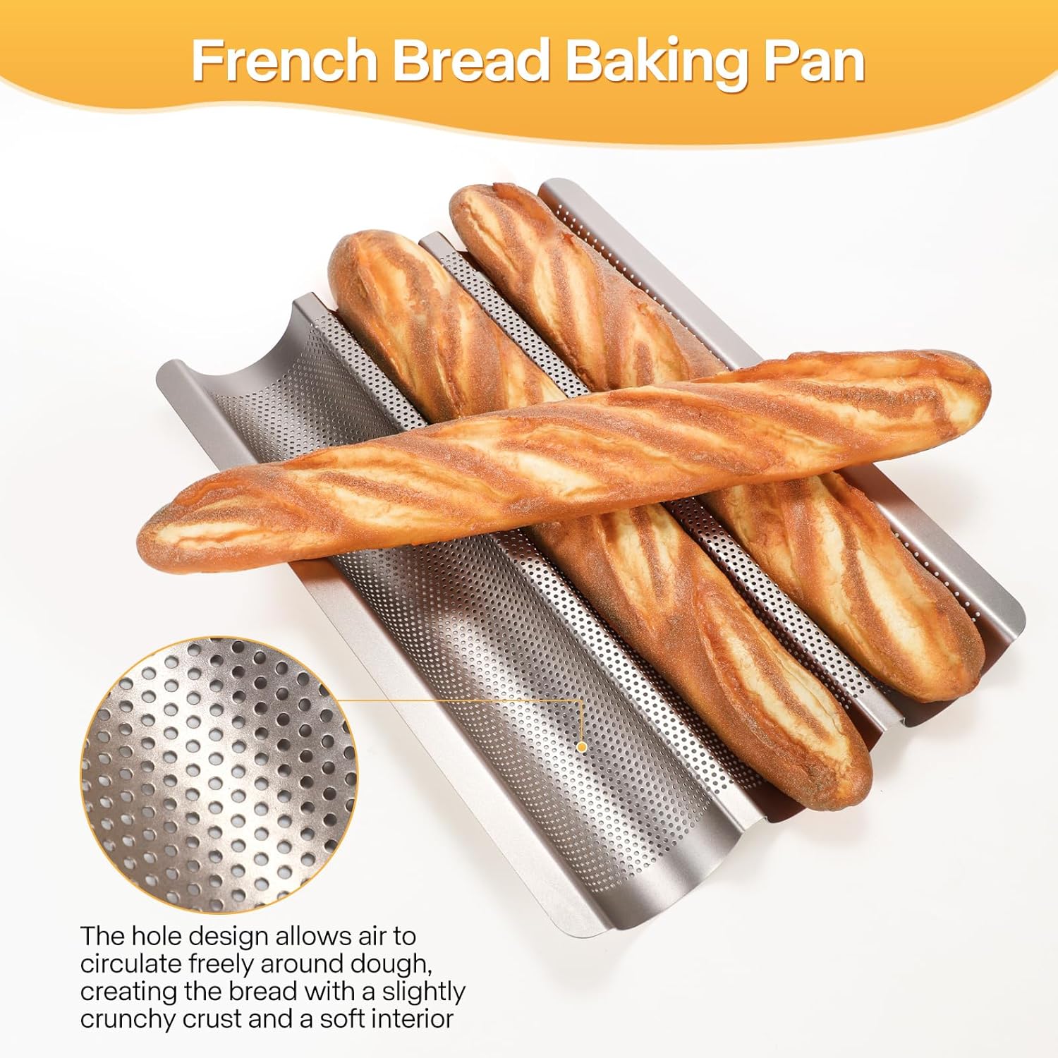 Perforated French Bread Pans 15x11 Inch Nonstick, 3 Waves Loaf Tin for Homemade Sourdough Baguettes Baking, Oven Safe, 2 Pack