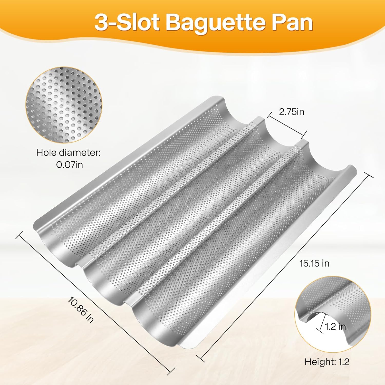Baguette Bread Pan Set of 2, Silver Baguette Tray Perforated, Nonstick French Bread Baking Pan 3 Loaves, Oven Baking Gifts for Home Baker