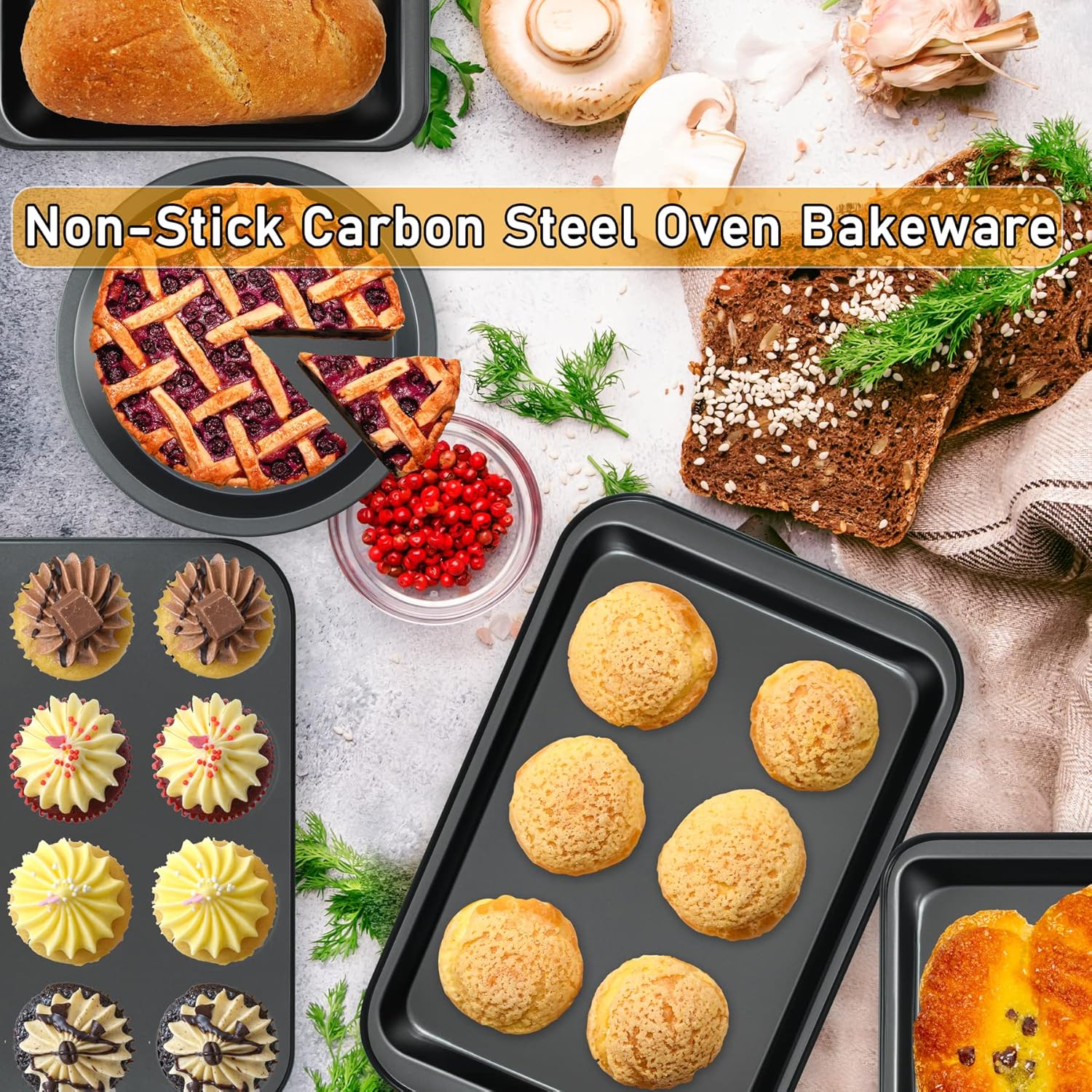 5-Piece Nonstick Bakeware Set - Round/Square Cake Pans, Muffin Pan, Loaf Pan, Roast Pan & Baking Sheets