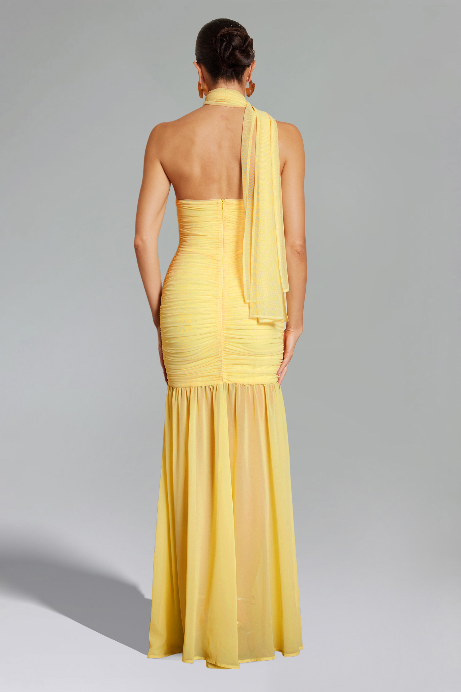 Emerita Sleeveless Ruched Mesh Maxi Dress