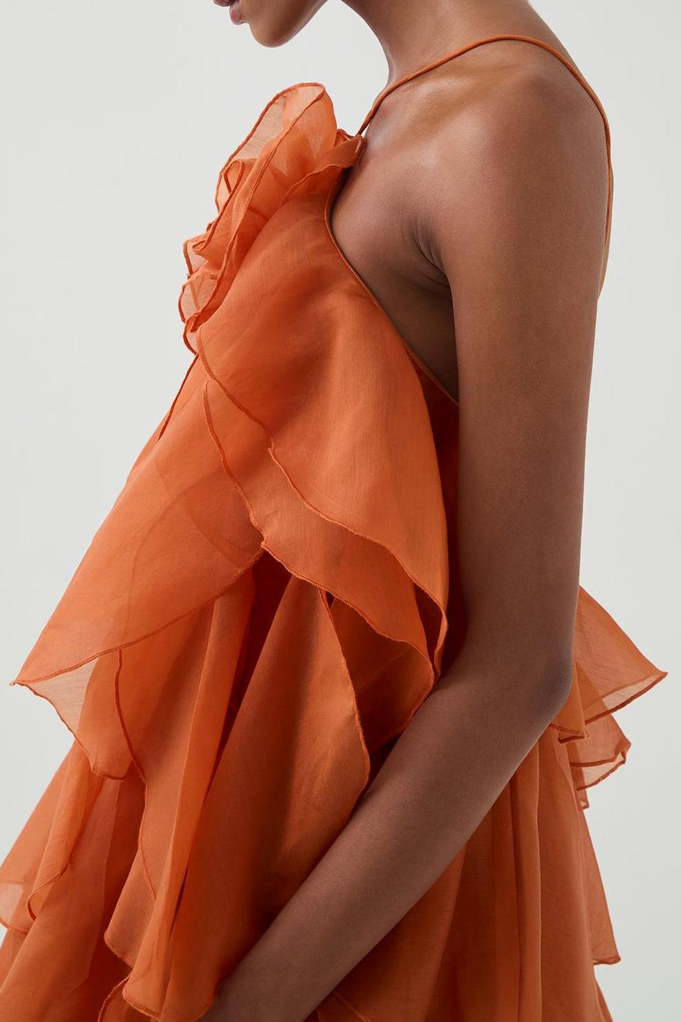 Greta Orange 3D Flower Halter Neck Frill Maxi Dress