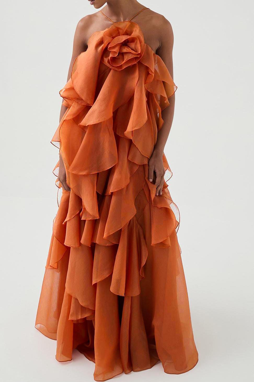 Greta Orange 3D Flower Halter Neck Frill Maxi Dress