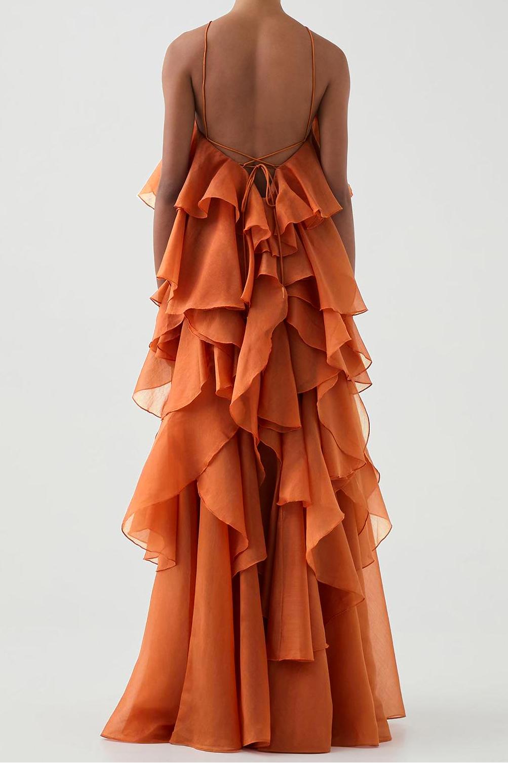 Greta Orange 3D Flower Halter Neck Frill Maxi Dress
