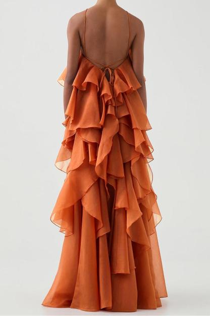 Greta Orange 3D Flower Halter Neck Frill Maxi Dress