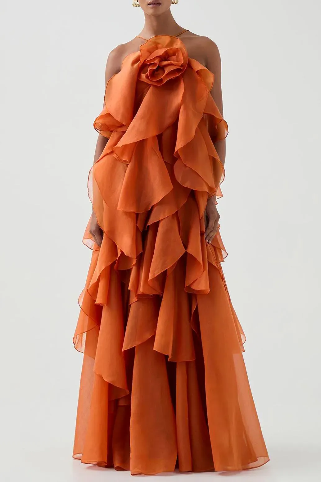 Greta Orange 3D Flower Halter Neck Frill Maxi Dress