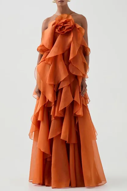 Greta Orange 3D Flower Halter Neck Frill Maxi Dress