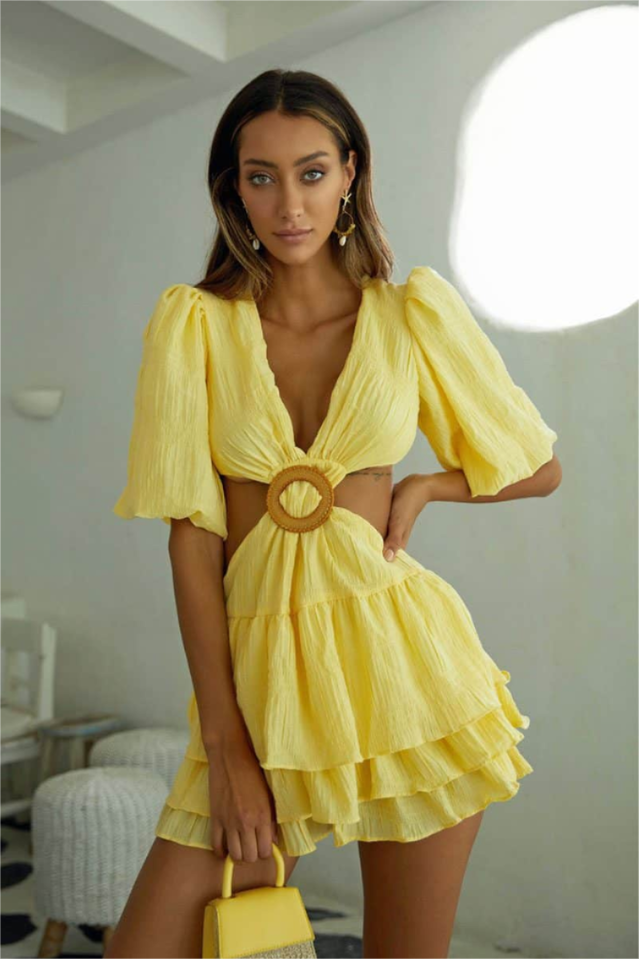 Kaila Lantern Short Sleeve V-Neck Waistless Mini Dress