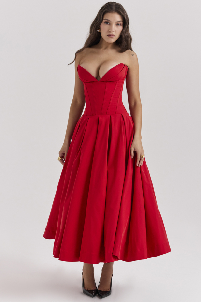Evelyn Solid Strapless Sweetheart Neck Midi Dress