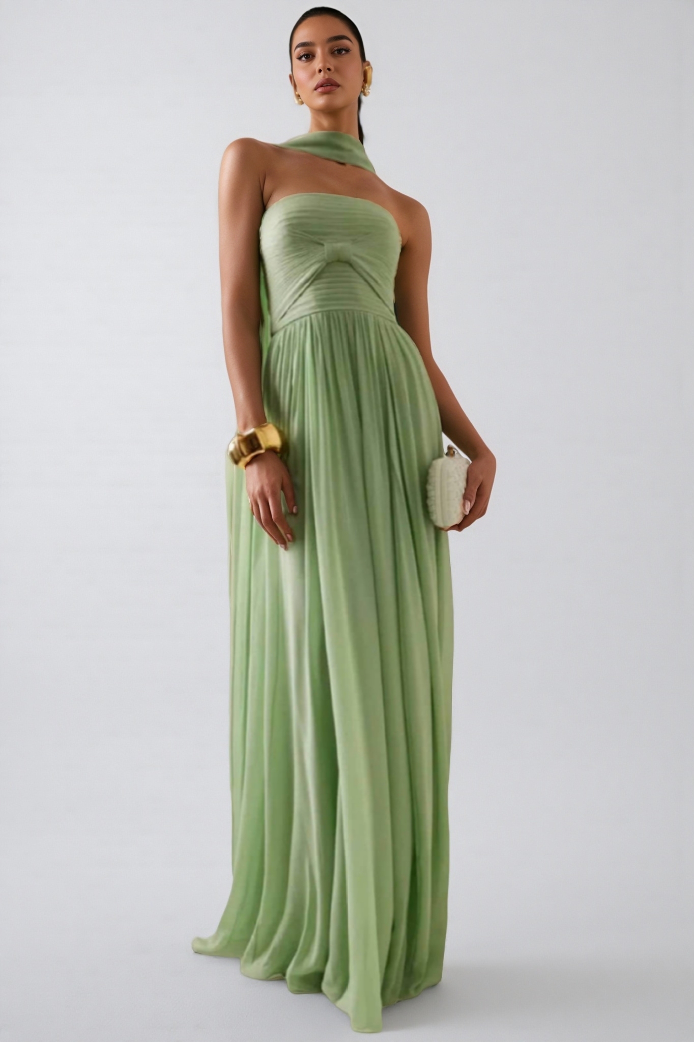 Elinde Green Pleated Strapless Maxi Dress