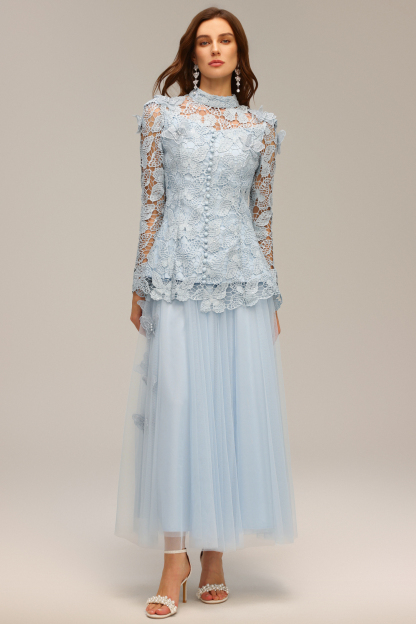 Felicia Long Sleeve Folds Lace Butterfly Top And Skirt Two-Piece Set