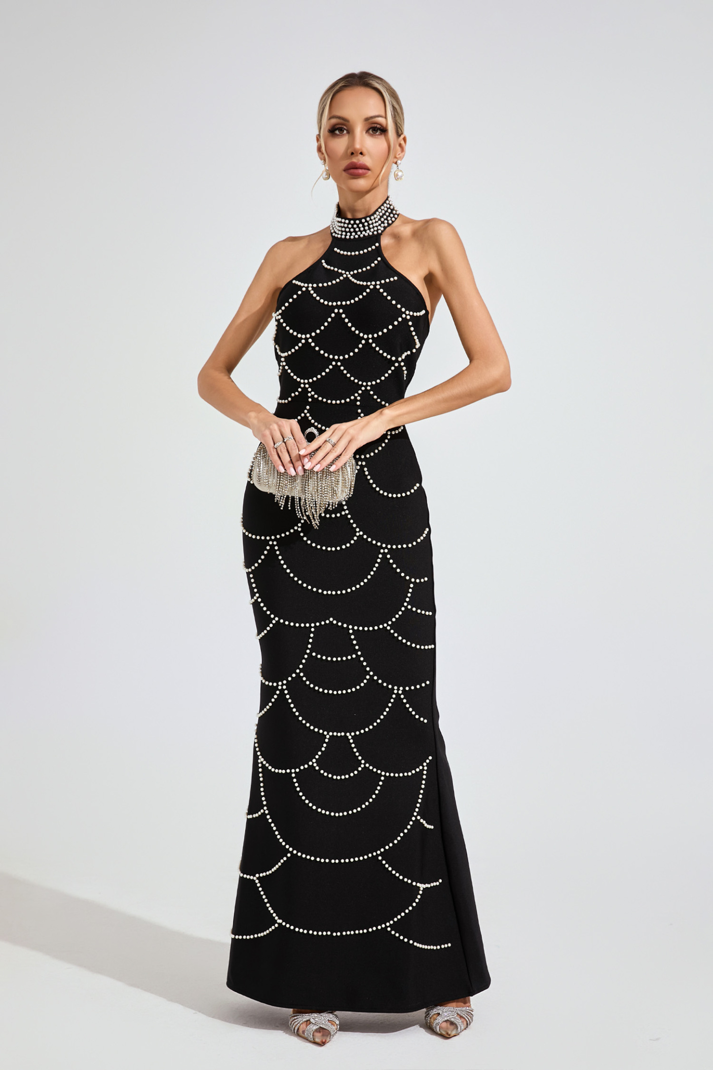 Ariana Black Pearl Halter Bandage Maxi Dress