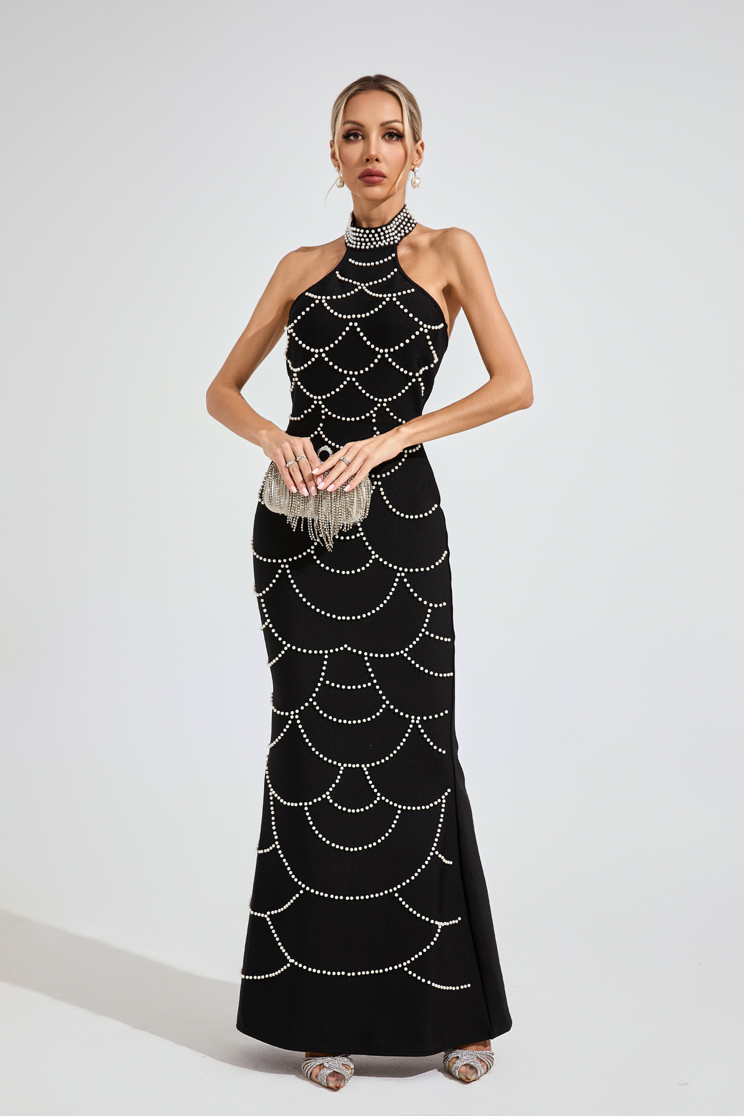 Ariana Black Pearl Halter Bandage Maxi Dress