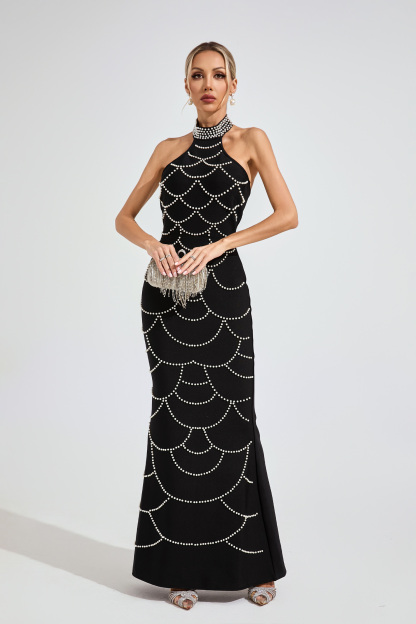 Ariana Black Pearl Halter Bandage Maxi Dress