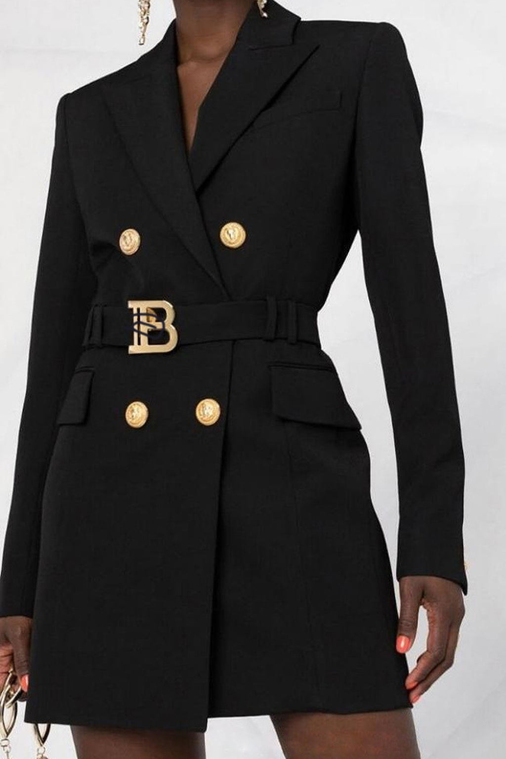 Thea Black Belted Metal Button Mini Dress