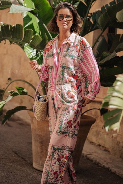 Kelly Floral Bottom Long Sleeve Top ＆ Mid Waist Wide Leg Pants Set