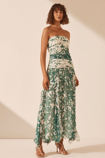 Judith Floral Ruched Strapless Midi Dress