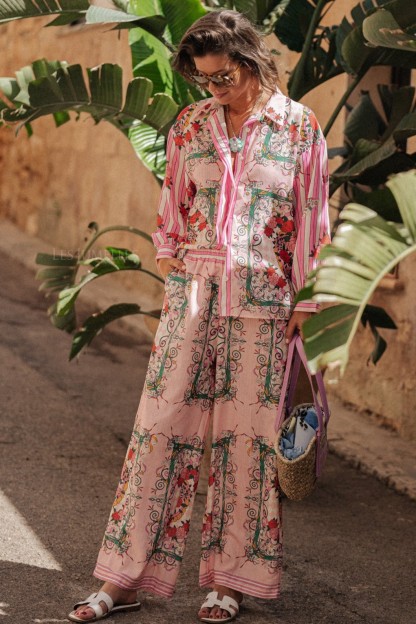 Kelly Floral Bottom Long Sleeve Top ＆ Mid Waist Wide Leg Pants Set