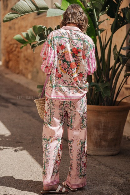 Kelly Floral Bottom Long Sleeve Top ＆ Mid Waist Wide Leg Pants Set