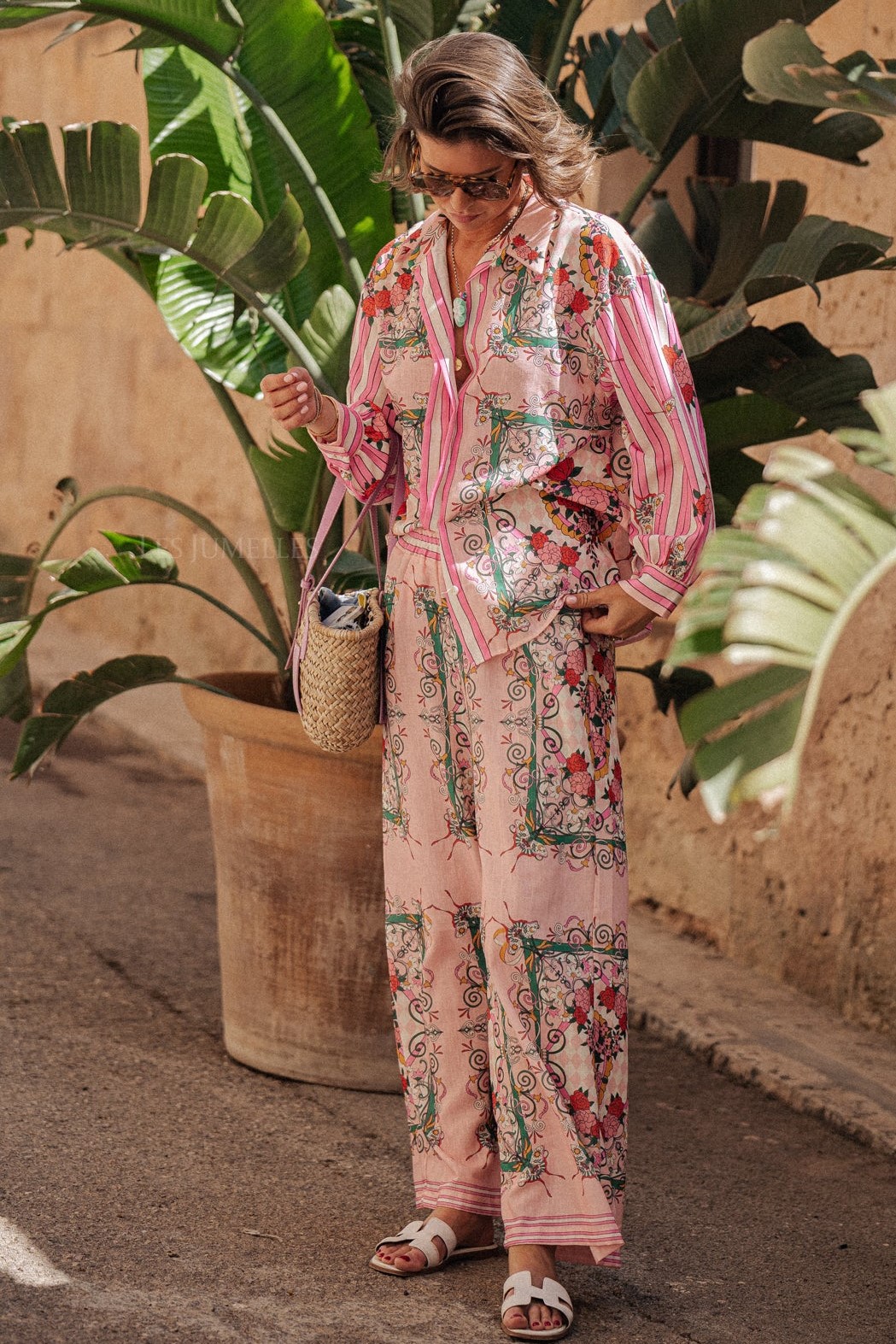 Kelly Floral Bottom Long Sleeve Top ＆ Mid Waist Wide Leg Pants Set