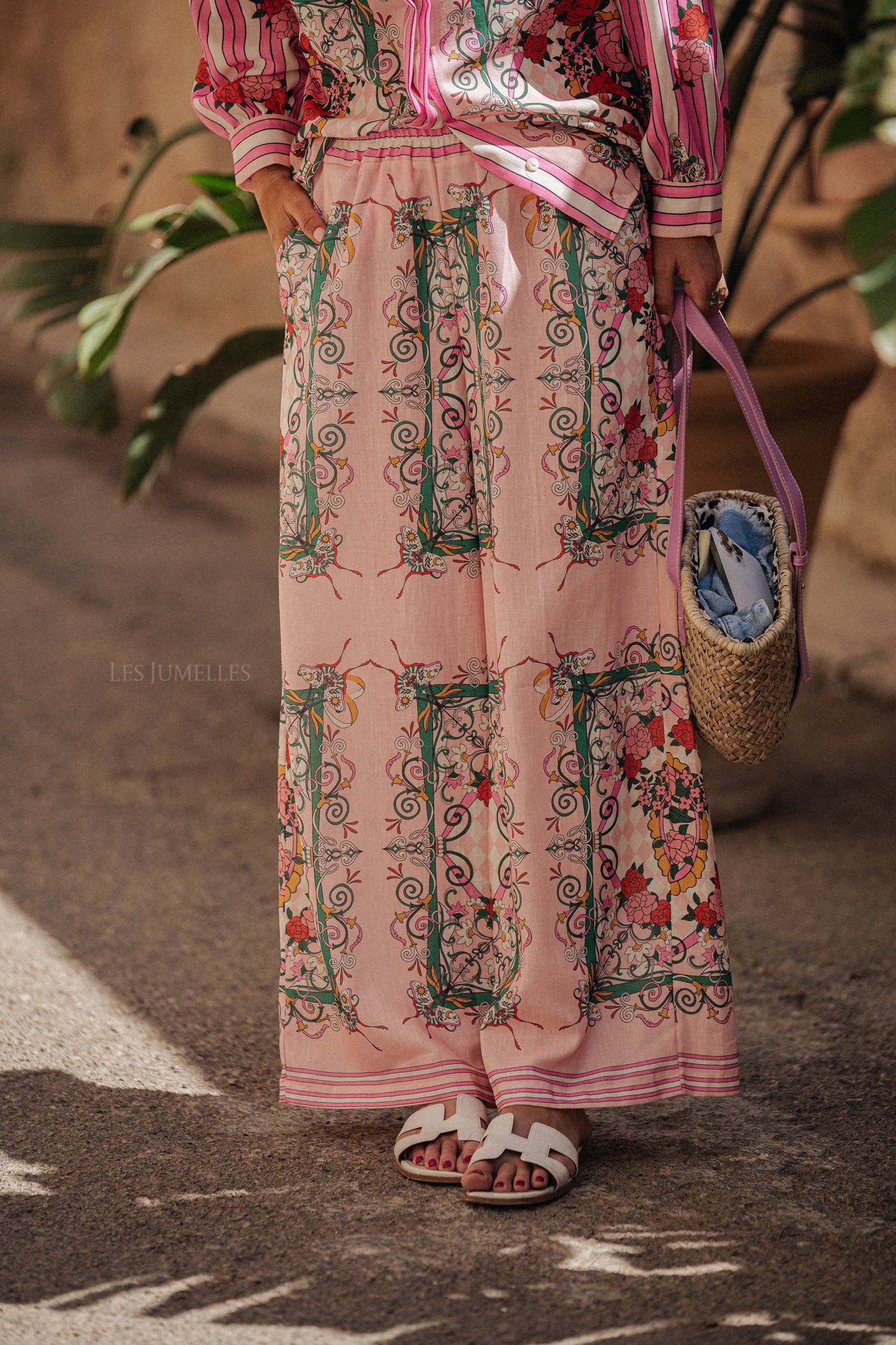 Kelly Floral Bottom Long Sleeve Top ＆ Mid Waist Wide Leg Pants Set