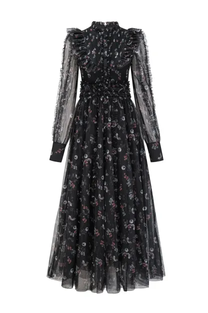 Jillian Black Floral Long Sleeve Dress