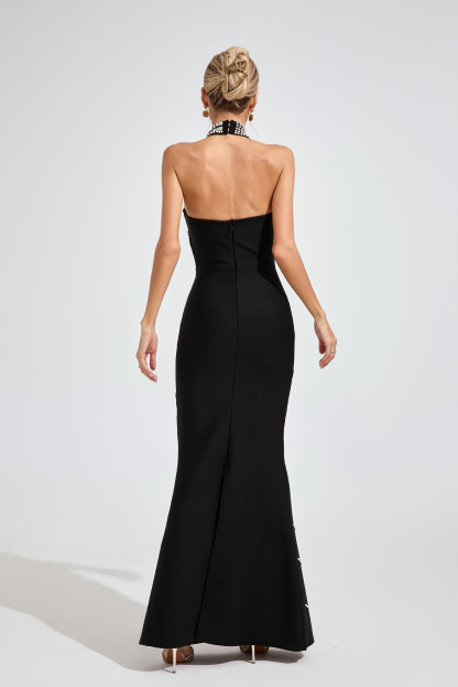 Ariana Black Pearl Halter Bandage Maxi Dress