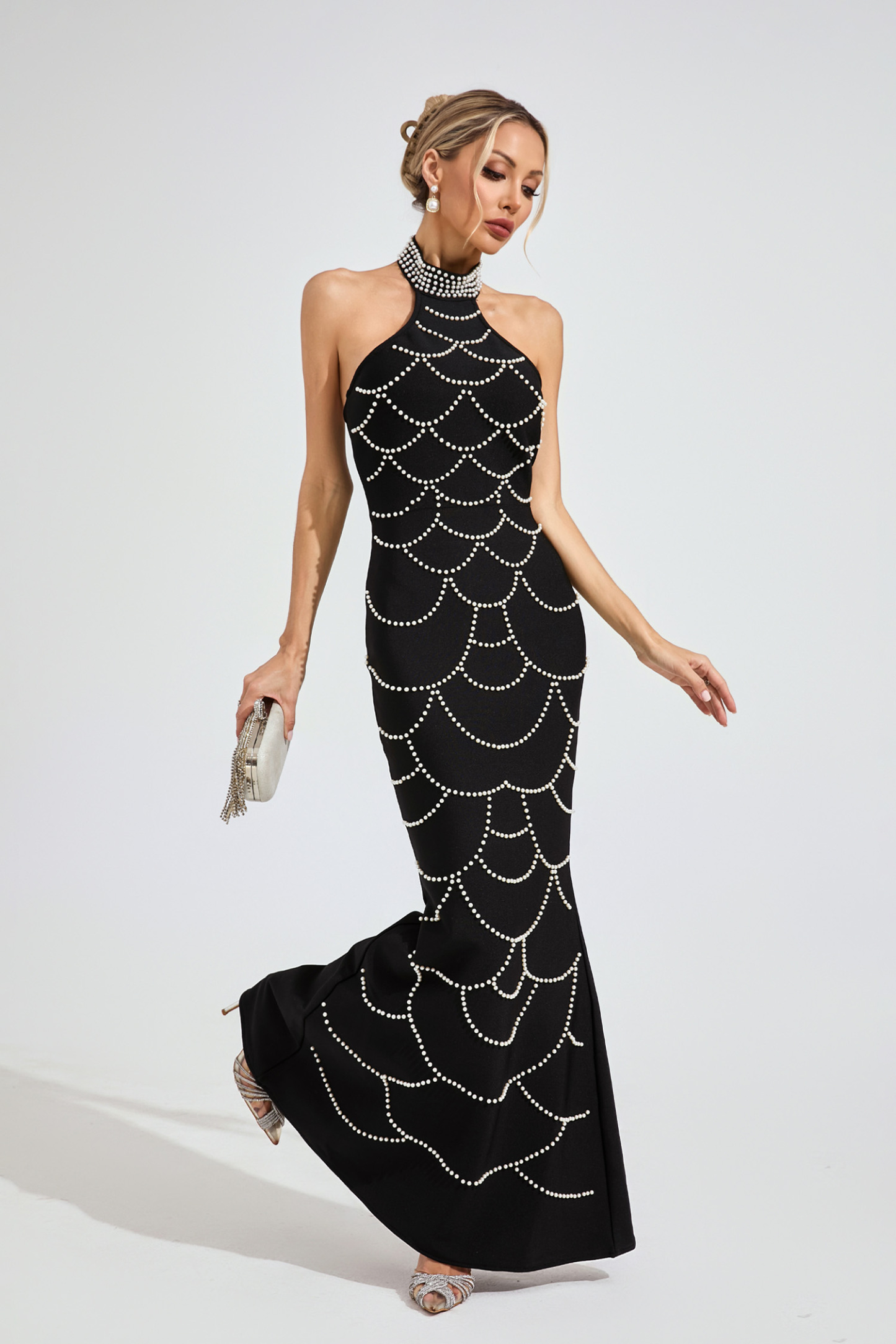 Ariana Black Pearl Halter Bandage Maxi Dress