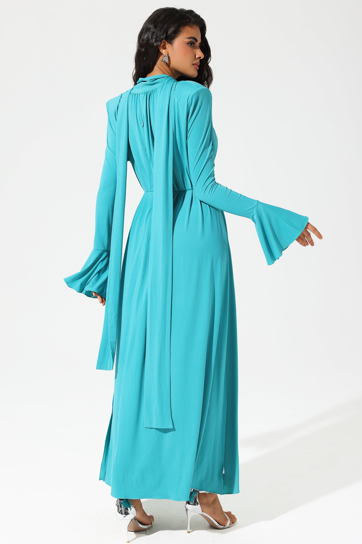 Elva Lantern Sleeve High Collar Flower Split Midi Dress