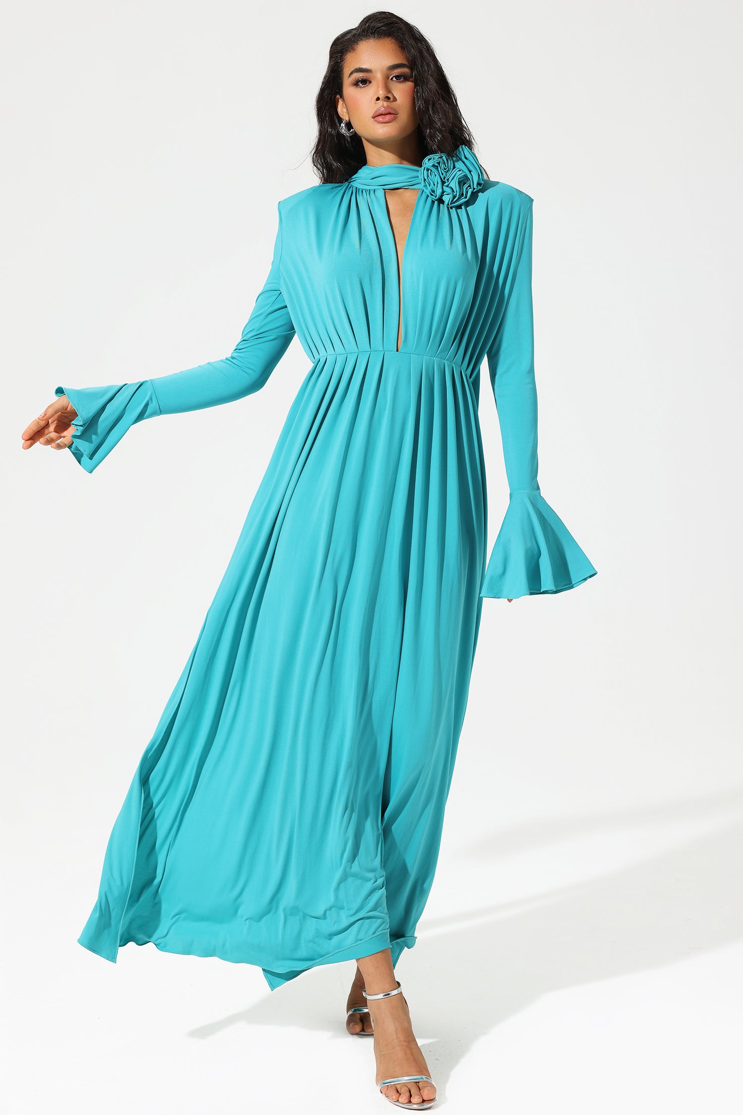 Elva Lantern Sleeve High Collar Flower Split Midi Dress