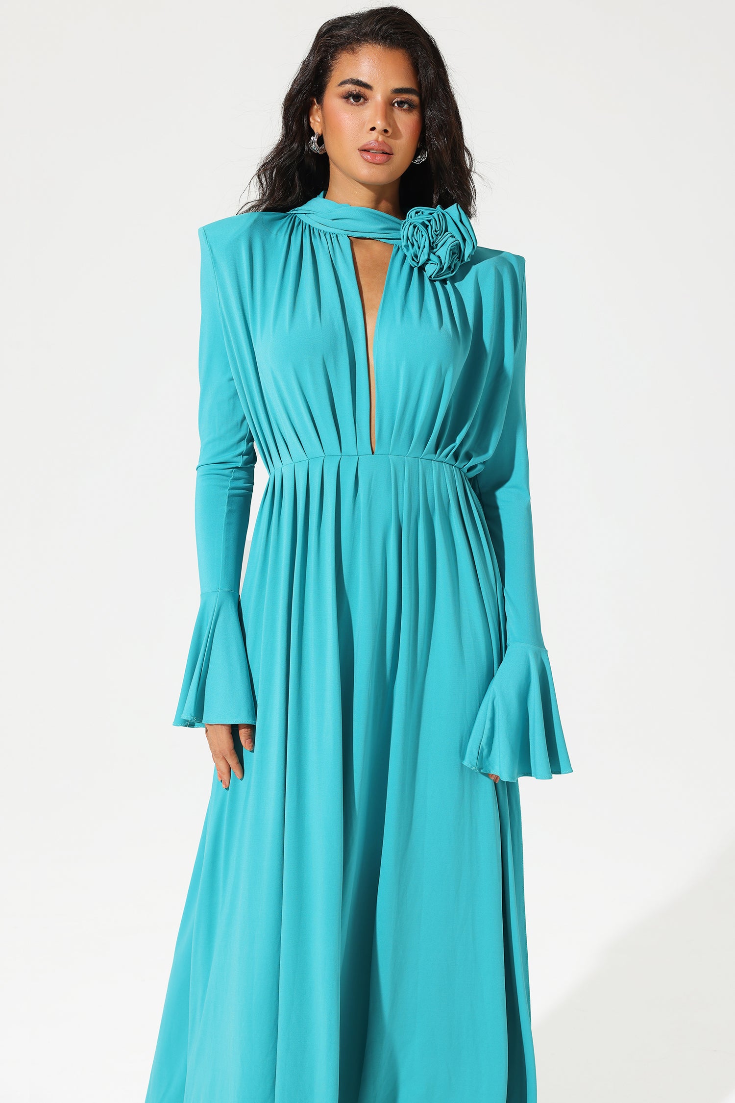 Elva Lantern Sleeve High Collar Flower Split Midi Dress