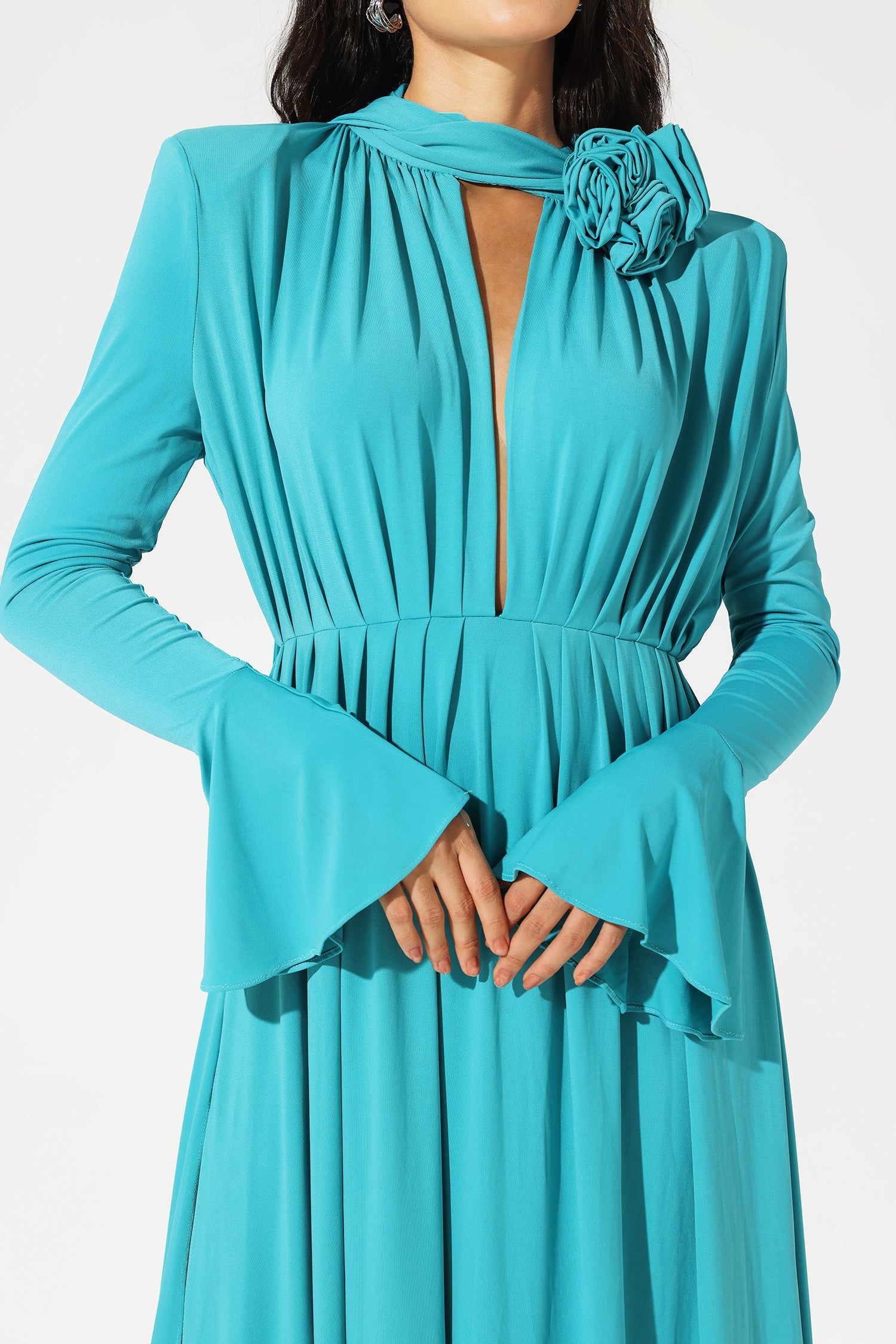 Elva Lantern Sleeve High Collar Flower Split Midi Dress