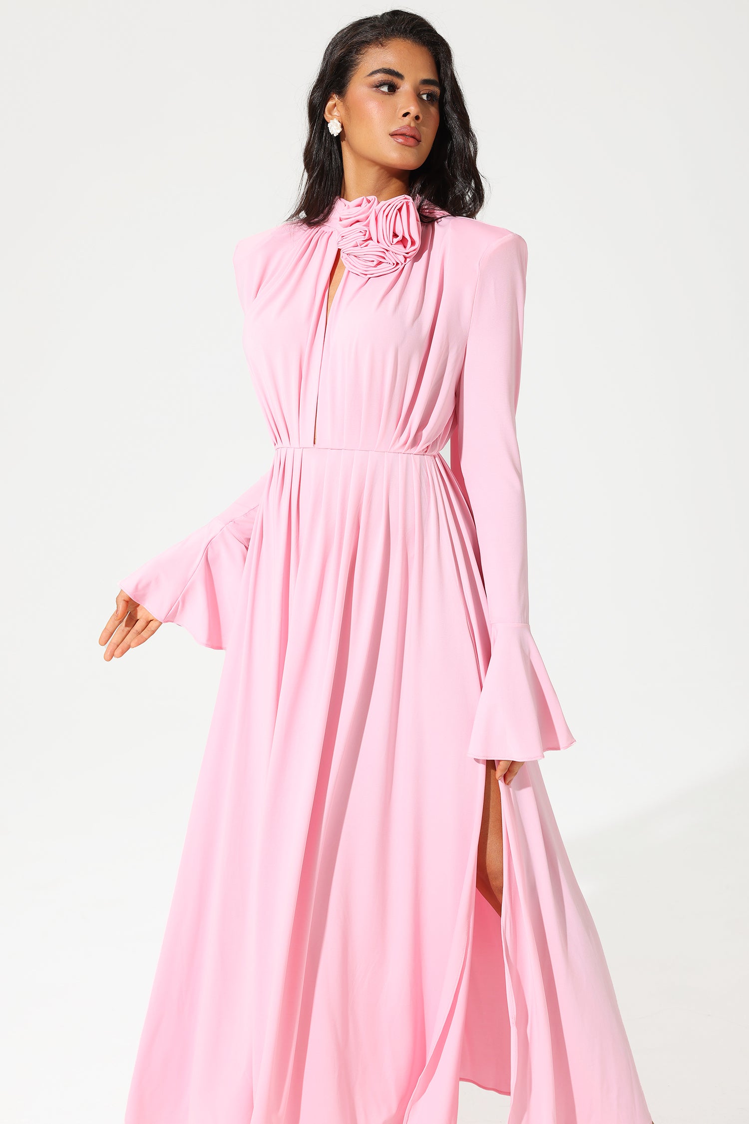 Bobbie Lantern Sleeve High Collar Flower Slit Midi Dress