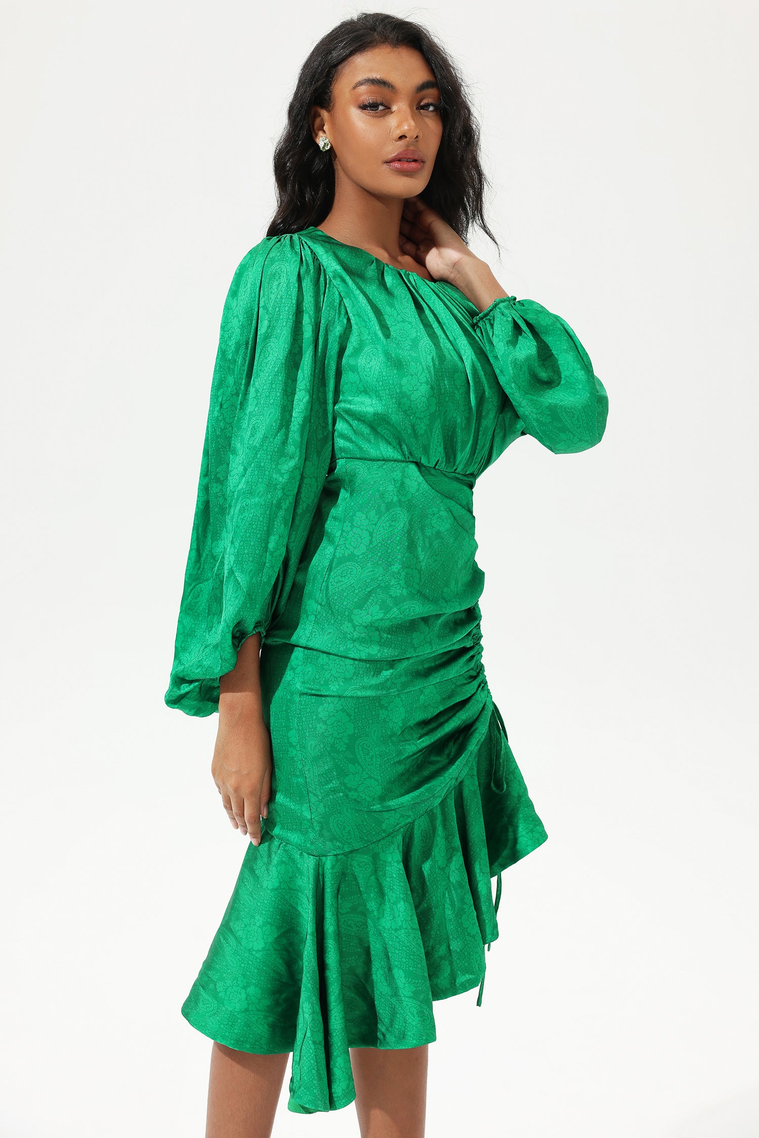Kaley Lantern Sleeve Round Collar Tapered Waist Midi Dress Green