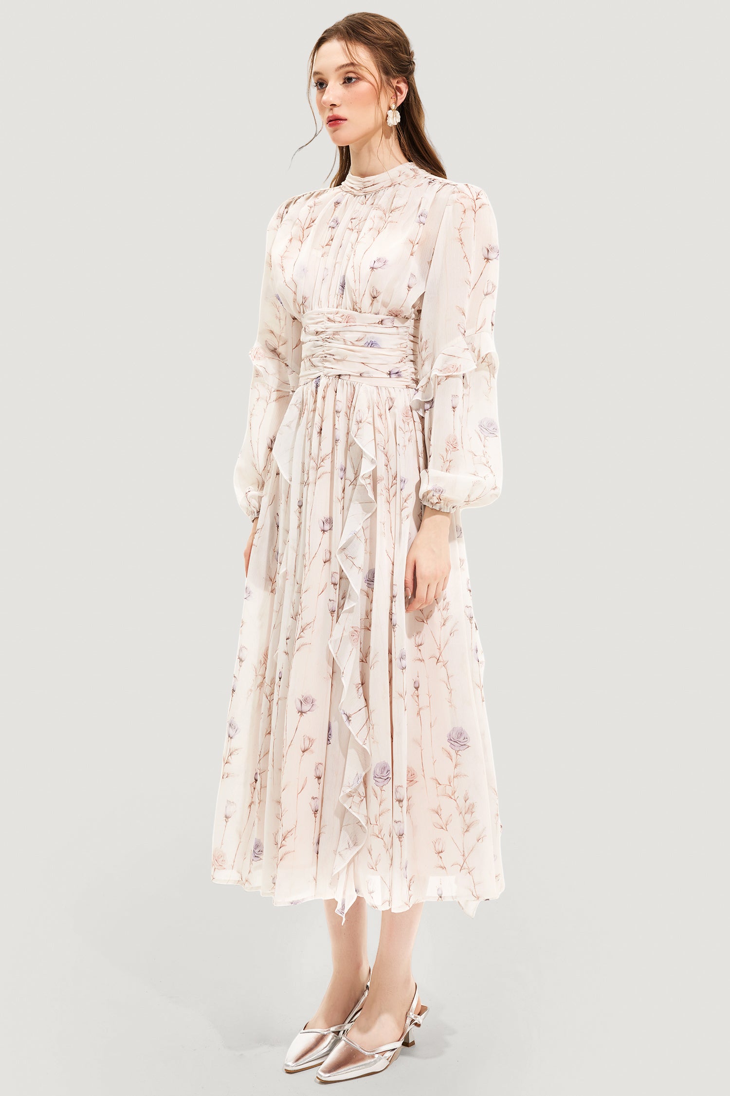 Evita Floral Round Neck Puff Sleeve Midi Dress