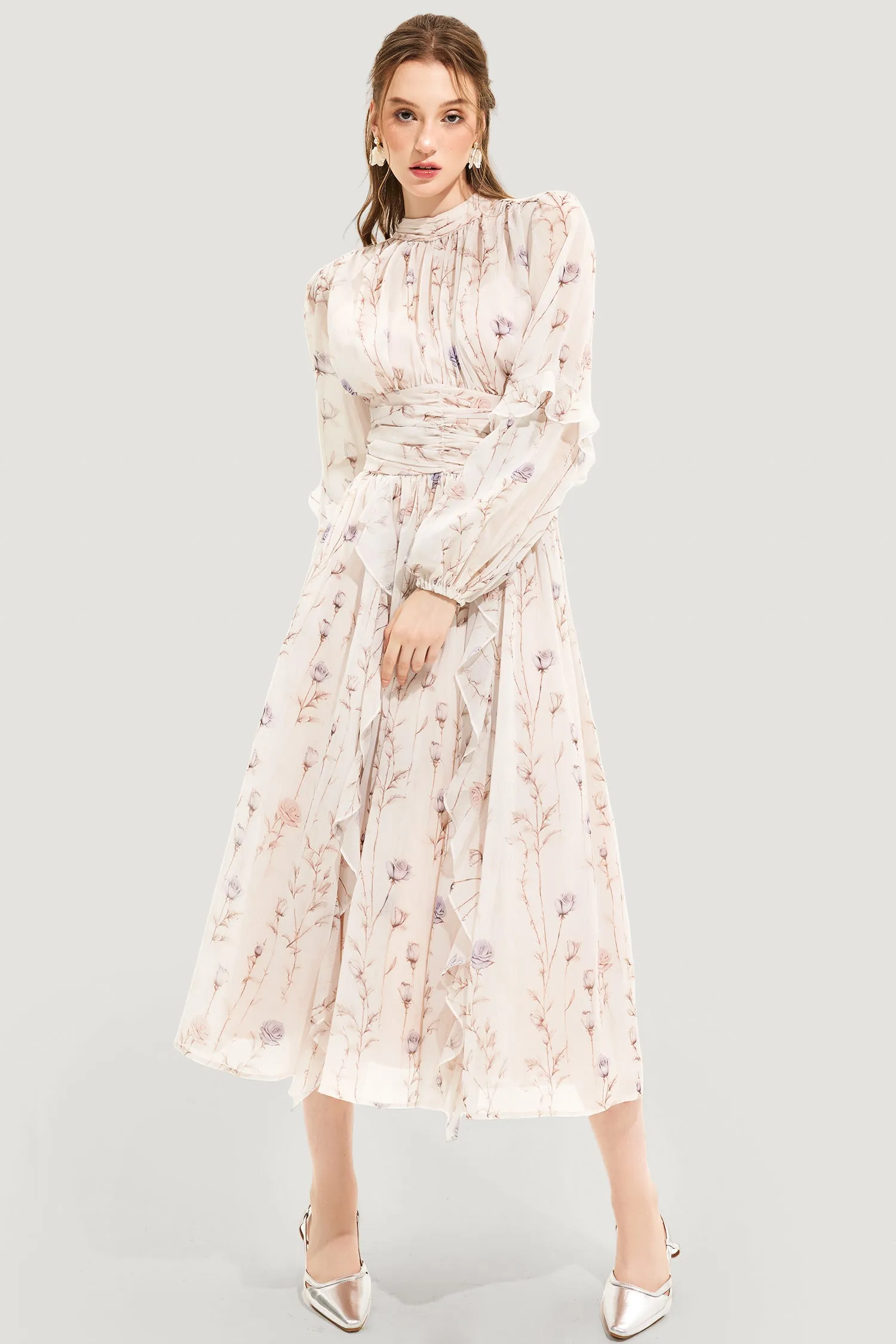 Evita Floral Round Neck Puff Sleeve Midi Dress