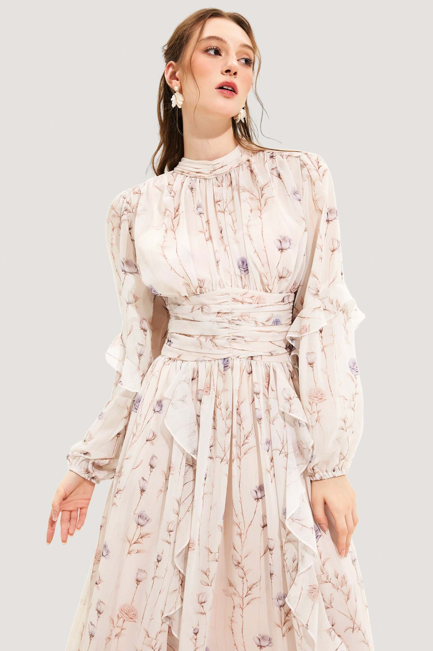 Evita Floral Round Neck Puff Sleeve Midi Dress
