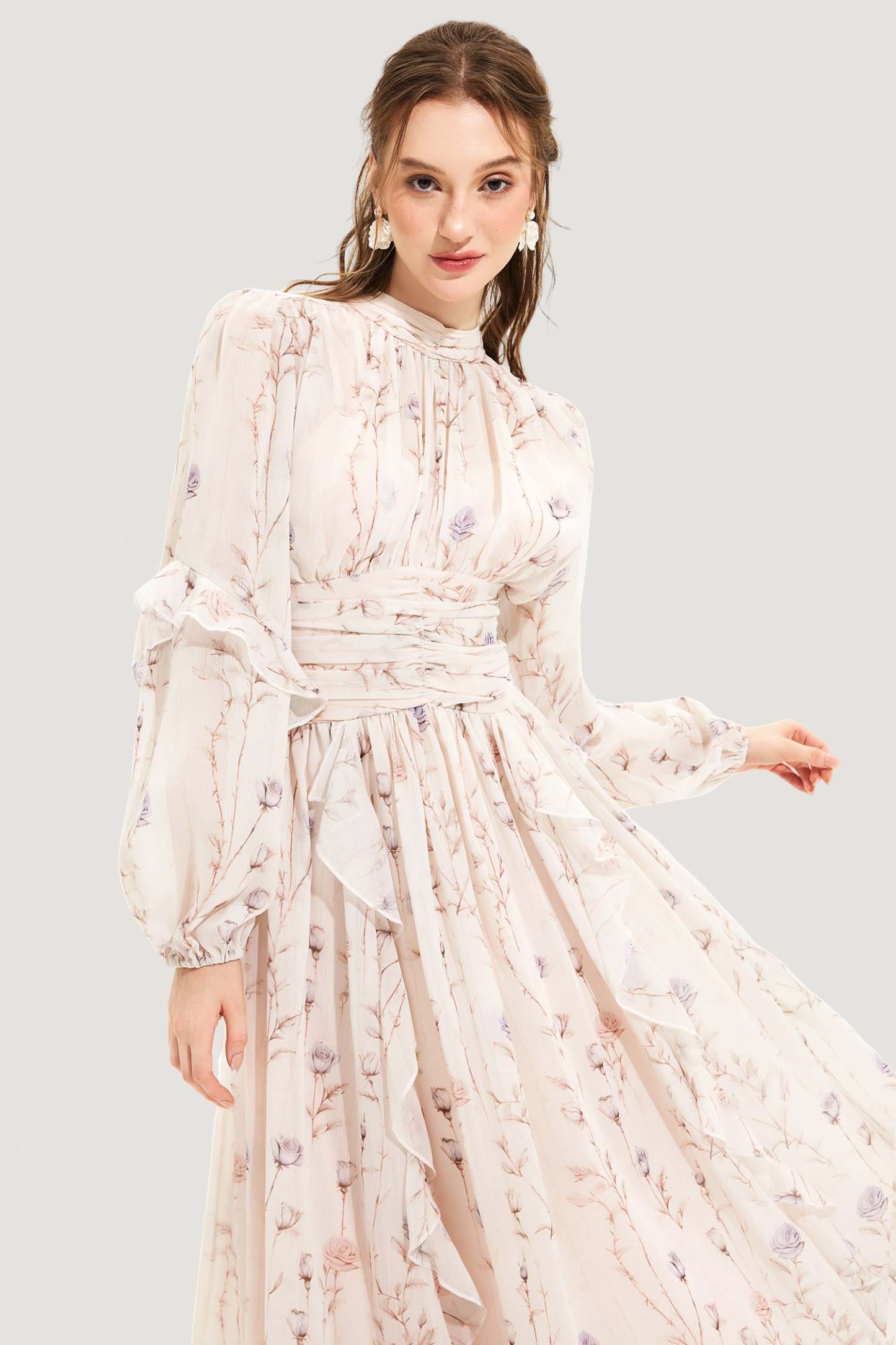 Evita Floral Round Neck Puff Sleeve Midi Dress