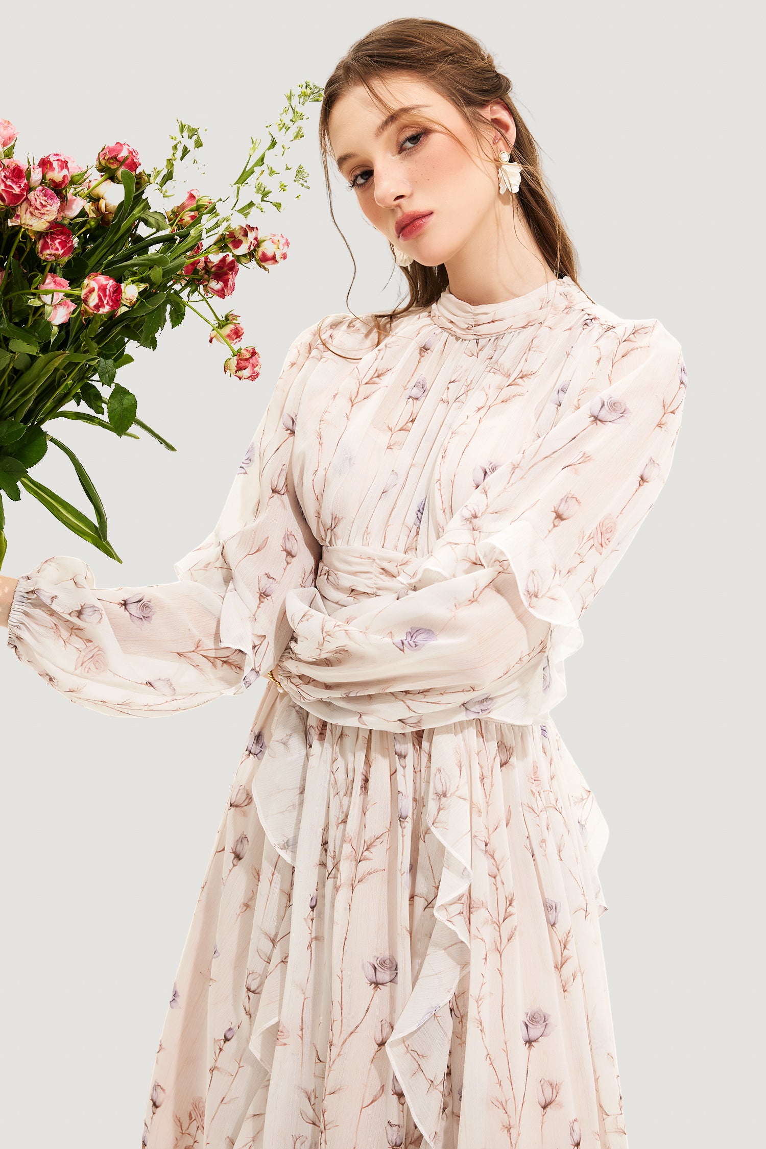 Evita Floral Round Neck Puff Sleeve Midi Dress