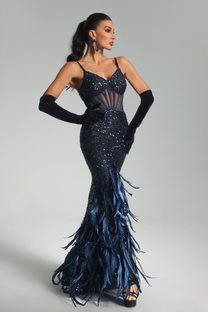 Eugenia Sequin Feather Maxi Dress