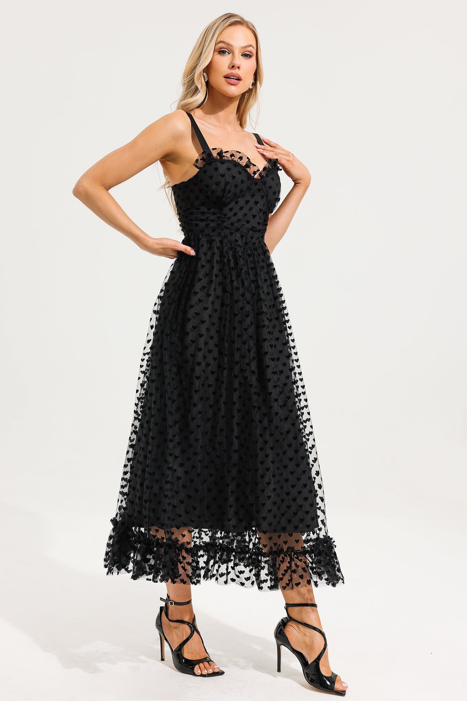 Carmela Heart Print Mesh Ruffle Tiered Dress