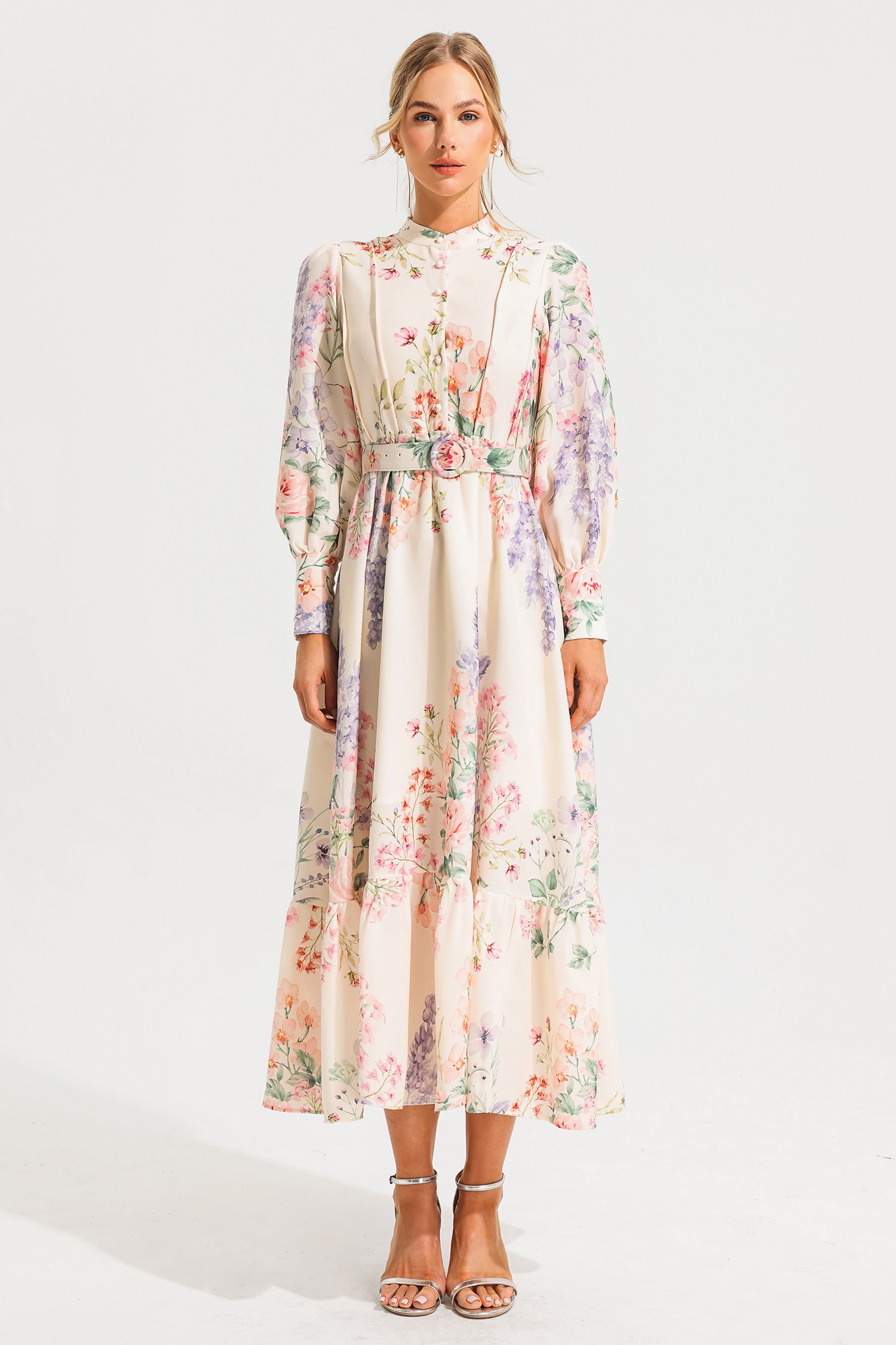 Andrea Floral Long Sleeve Maxi Dress With Belt